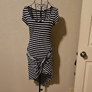 Elegant Asymmetrical Navy and White Striped Dress
